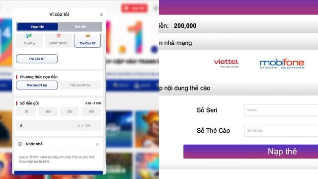 Các bước nạp tiền qua Thẻ Cào ĐT