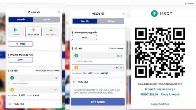 Các bước nạp tiền qua USDT TRC20 đơn giản